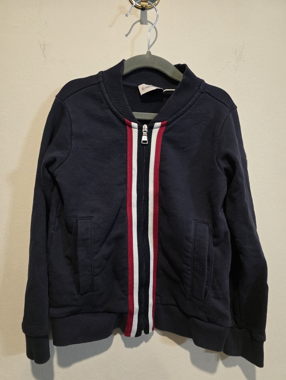 Moncler Navy Zip-Up Sweater with Red and White Stripe